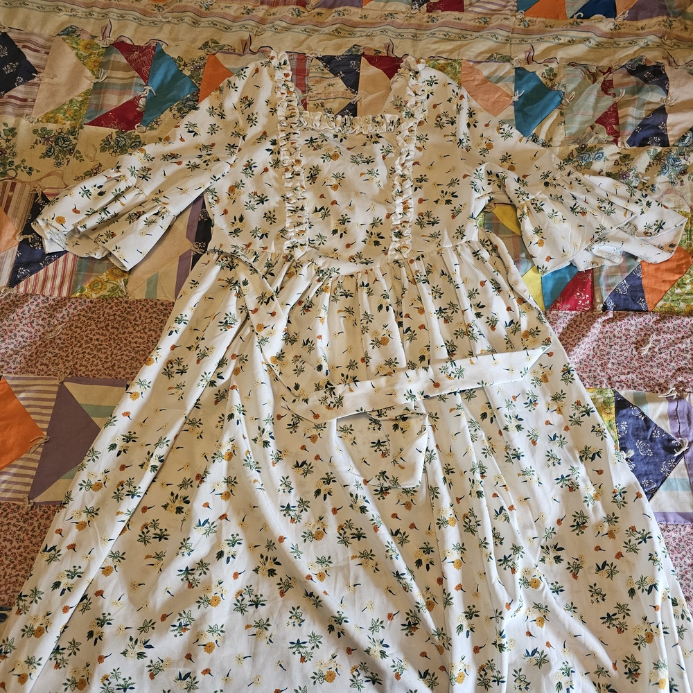 Floral Ruffled Cottagecore Peasant Dress in Cream with Green & Orange Print
